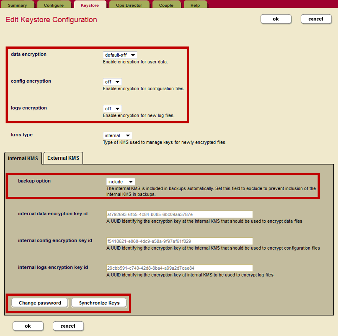 Admin Interface screenshot showing Edit Keystore Configuration page with relevant controls boxed in red