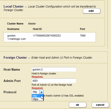 The Foreign Cluster portion of the page, enter the host name for any host in the foreign cluster to be couple