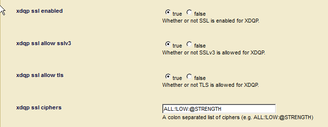 Admin Interface Groups page screenshot of the options related to configuring SSL for intra-cluster XDQP communication