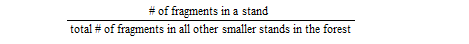 graphic showing the formula # of fragments in a stand / total # of fragments in all other smaller stands in the forest.