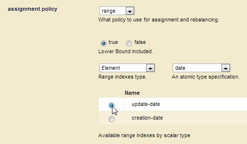 Screenshot showing the range indexes, fields, or collection lexicons available listed under the Name column.