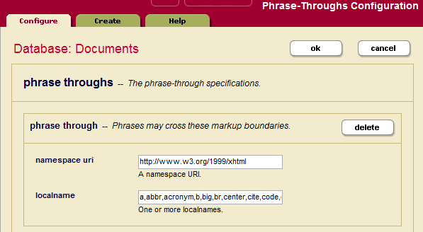 Screenshot showing that the Documents database has been configured with a number of phrase-through elements.