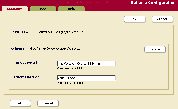 Example showing just one schema. It specifies that the schema for namespace http://www.w3.org/1999/xhtml is found in the file xhtml.1.xsd, which is located in the config directory of your MarkLogic Server program directory.