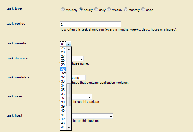 Image showing how to invoke the module every 2 hours at 30 minutes past the hour (or as soon as possible thereafter, if the server is overloaded):