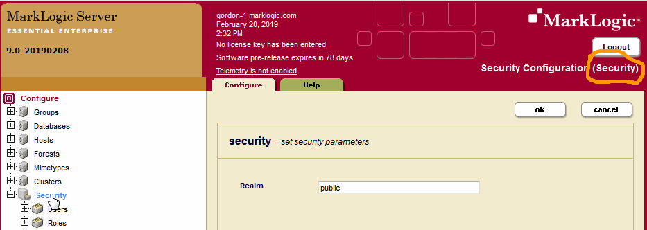 Screenshot illustrating the location of the Security database name on the Admin Interface