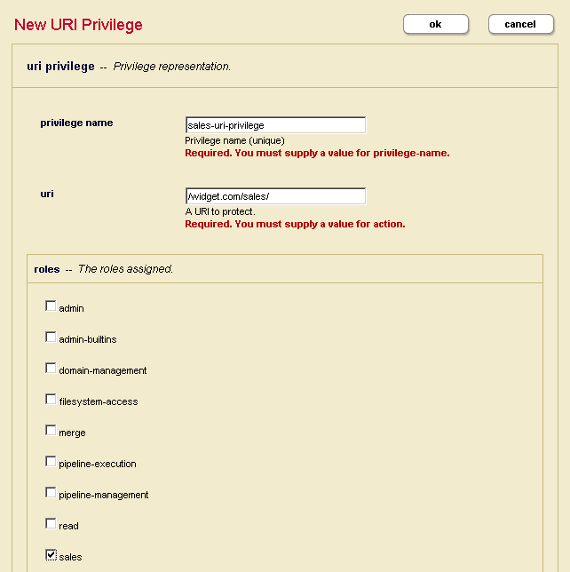 Admin Interface Screenshot of URI Privilege page