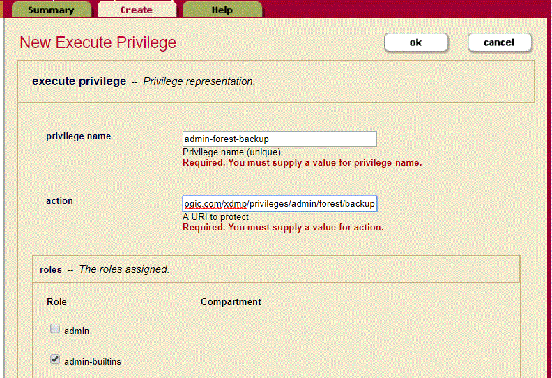 Admin Interface Screenshot illustrating the partially filled-in New Execute Privilege page