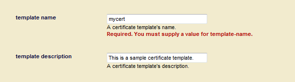 Screenshot of template name and template description fields on the Create Certificate Template page
