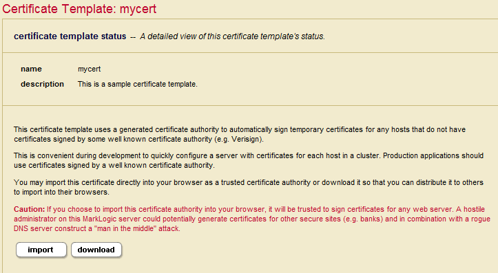 Screenshot of the Certificate Template Status page