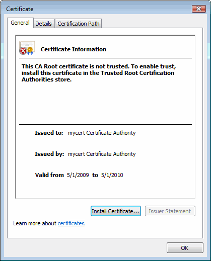 Screenshot of the Certificate Information window
