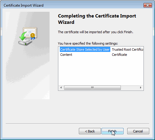 Certificate Import Wizard Screenshot showing Certificate Store Selected by User selected and [Finish] highlighted