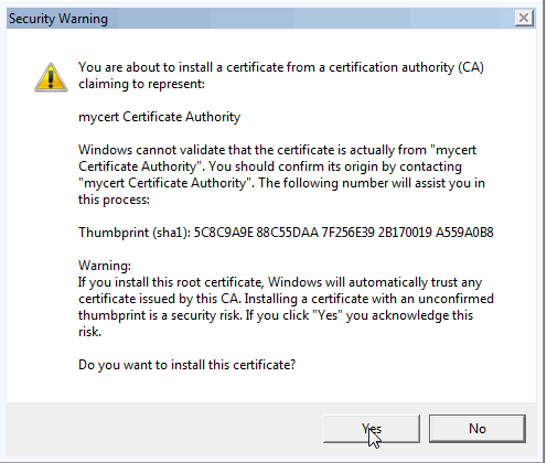 Security Warning Window Screenshot showing [Yes] highlighted
