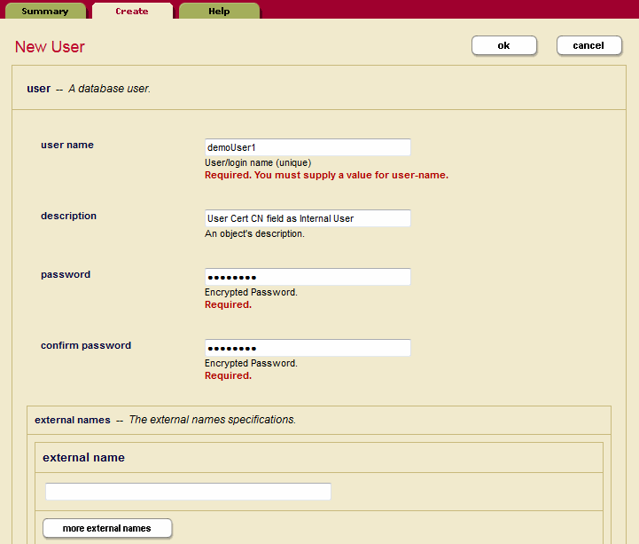 Admin Interface Screenshot illustrating the New User page with user name, description, password, and confirm password fields filled in as described in the step