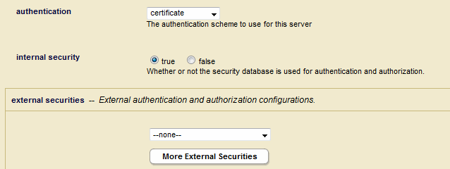 Admin Interface Screenshot illustrating authentication, internal security, and external securities fields set as described in the step