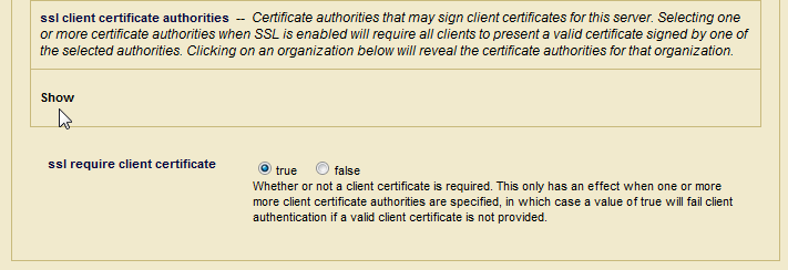 Screenshot of Show in the SSL Client Certificate Authorities section of the New External Security page
