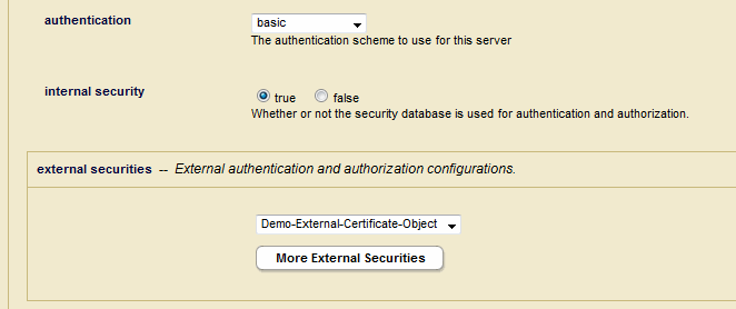 Screenshot of where to select this external security object on the App Server configuration page