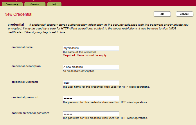 Admin Interface Screenshot illustrating the New Credentials page fields described in this step