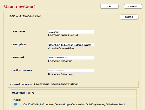 Admin Interface Screenshot of the User configuration page showing the external name field with the User Certificate Subject checked