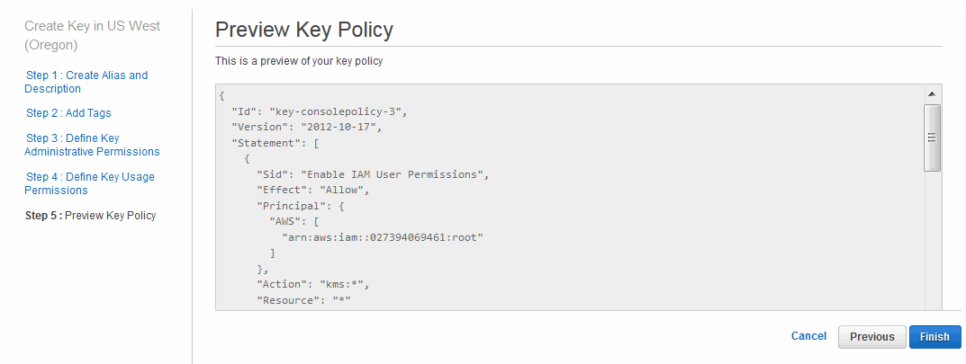 AWS Screenshot illustrating the Key Policy Preview page