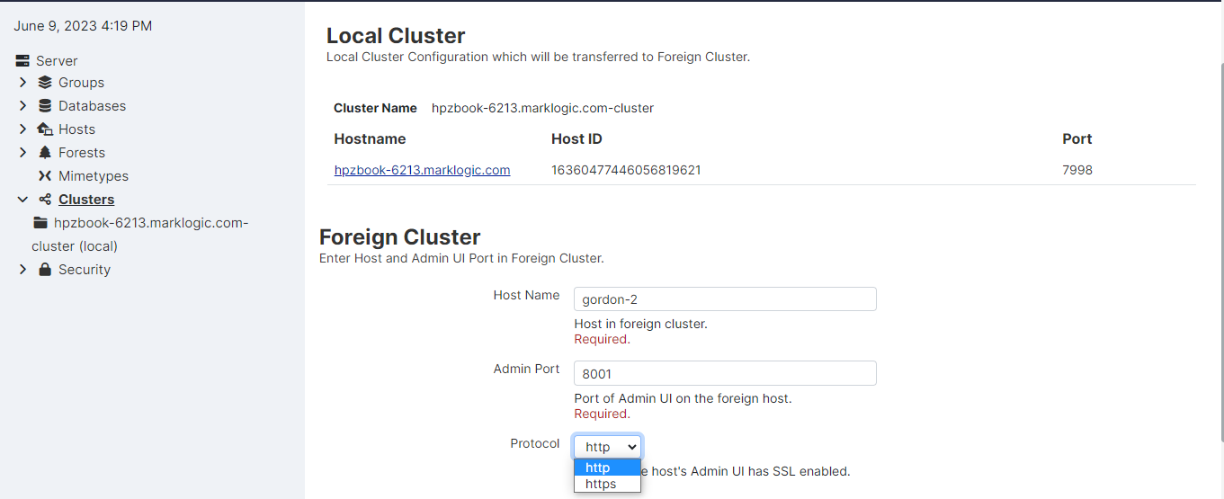 The Foreign Cluster portion of the page, enter the host name for any host in the foreign cluster to be couple