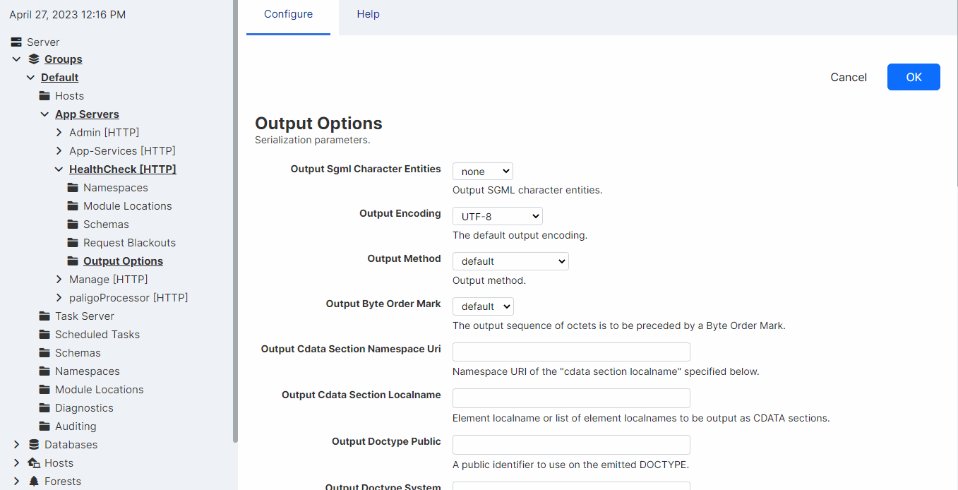 Screenshot of the Output Options page.