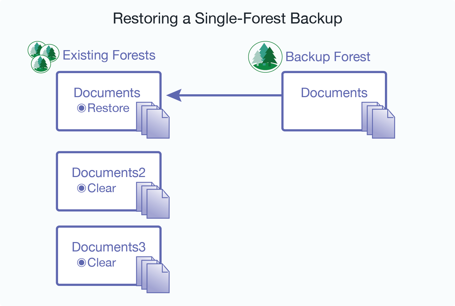 Graphic showing restoring the Documents forest from the backup of the Documents forest.