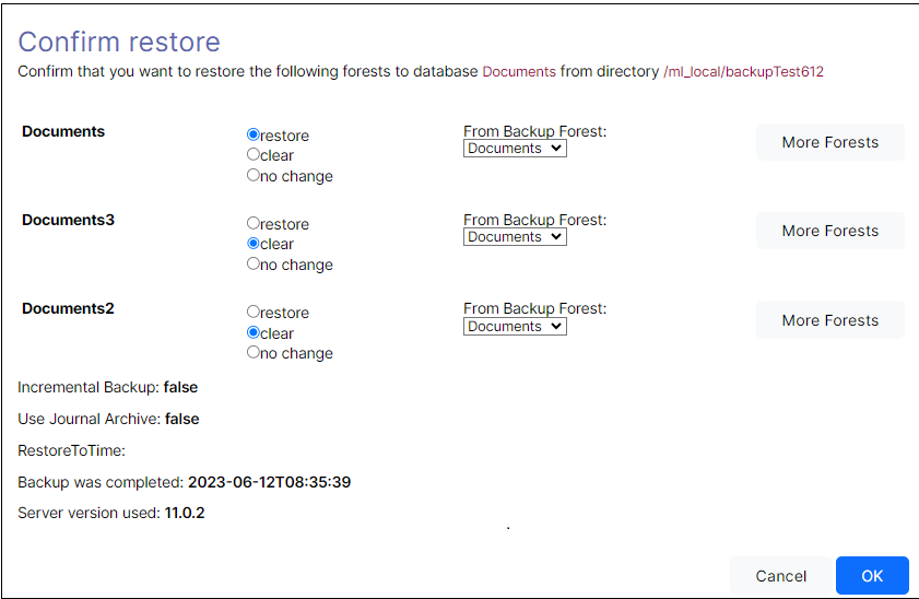 Screenshot of the Confirm Restore page showing the restore operation.