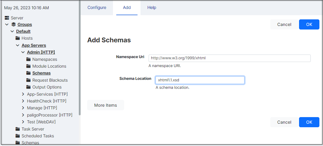 Example showing just one schema. It specifies that the schema for namespace http://www.w3.org/1999/xhtml is found in the file xhtml.1.xsd, which is located in the config directory of your MarkLogic Server program directory.