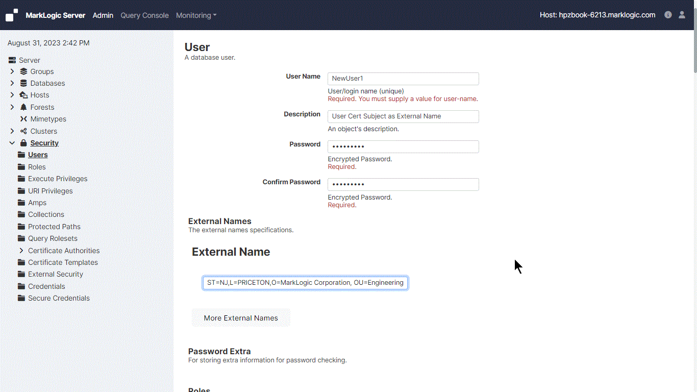 Admin Interface Screenshot of the User configuration page showing the External Name field with the User Certificate Subject checked