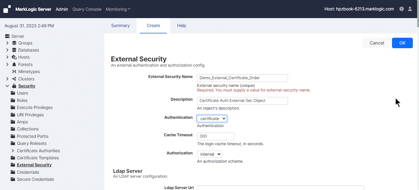 Admin Interface Screenshot of the External Security configuration page showing the Authentication field as certificate