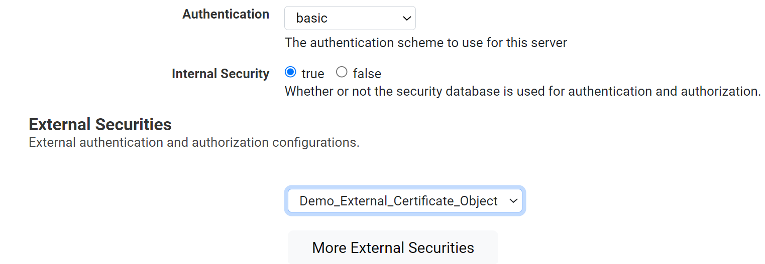 Admin Interface Screenshot of an app server configuration page showing Demo_External_Certificate_Object selected as an external security