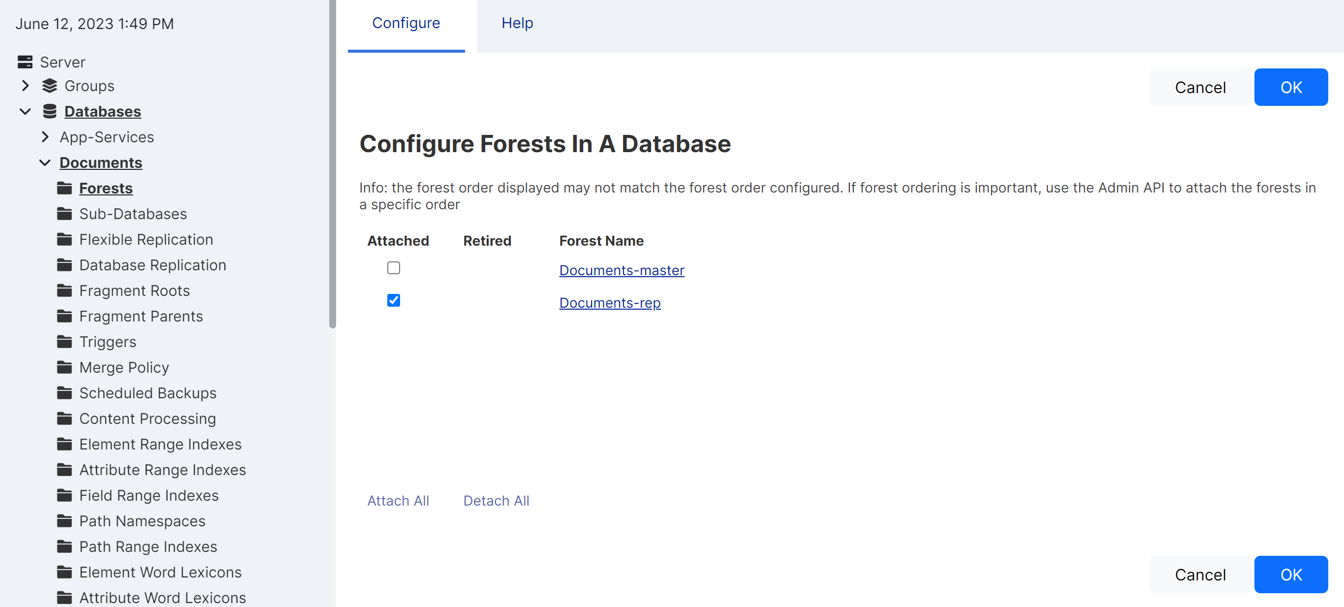 Screenshot showing the Forests configuration page.