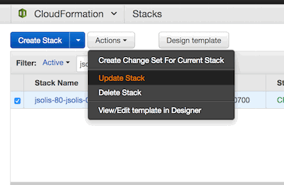 Screenshot showing how to update the stack with the updated Cloud Formation Template.