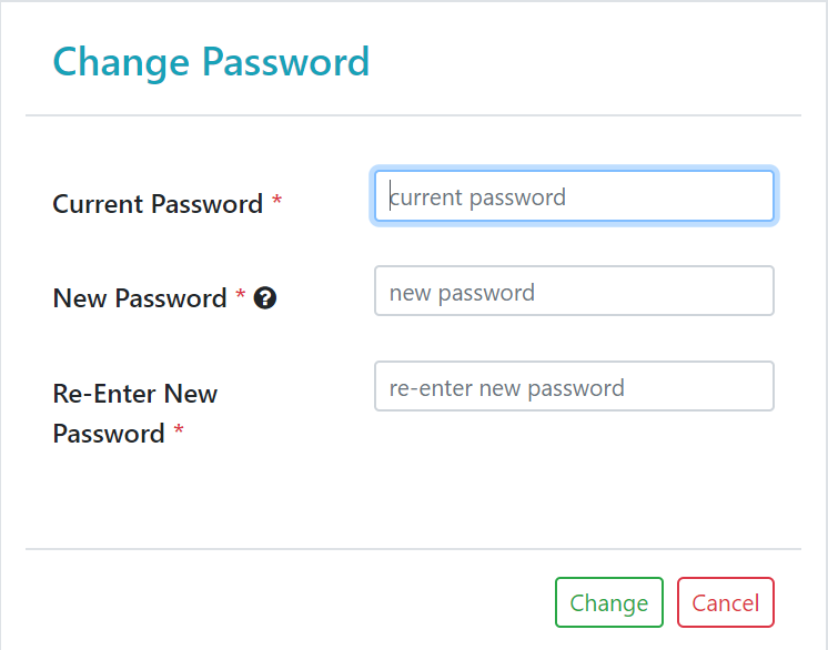 Data Hub Service modal window containing fields for changing portal user account password