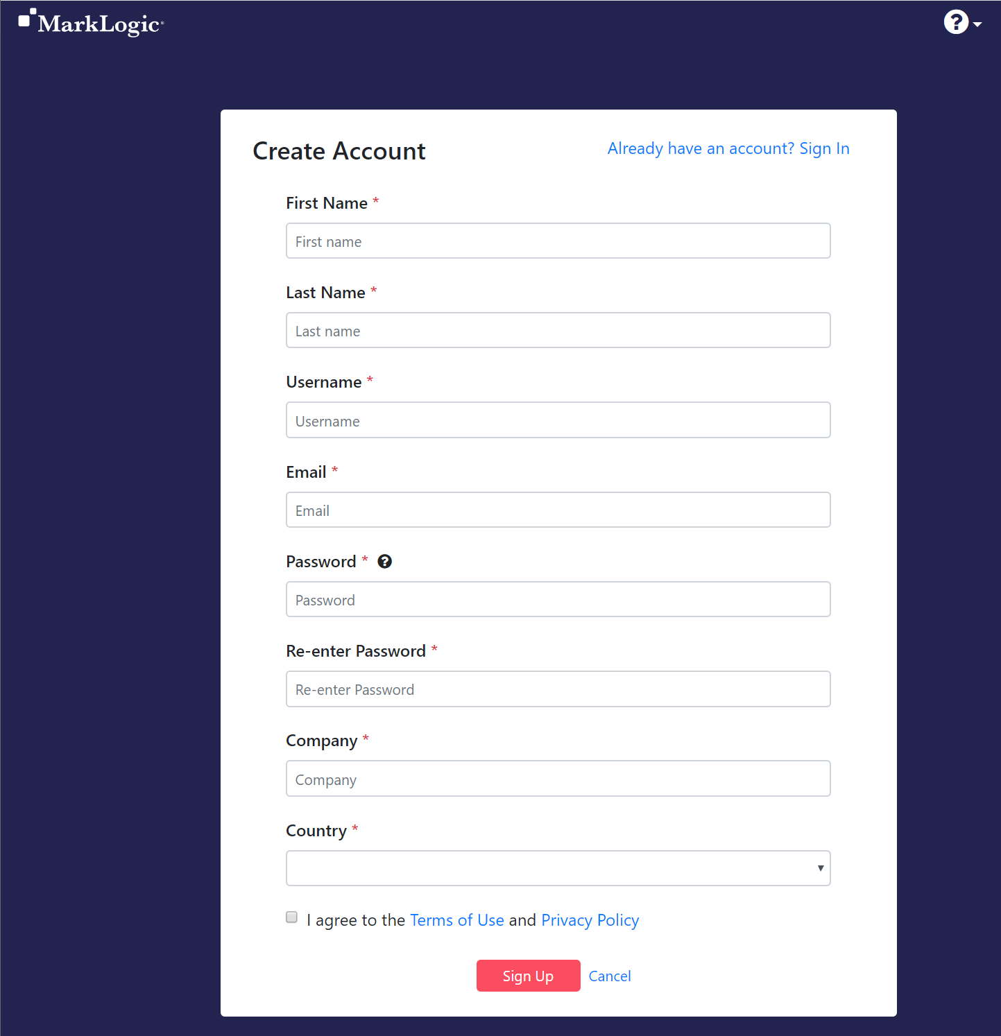 MarkLogic Data Hub Service Create Account page