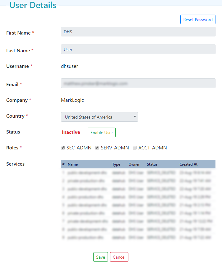 Inactivated User Details page