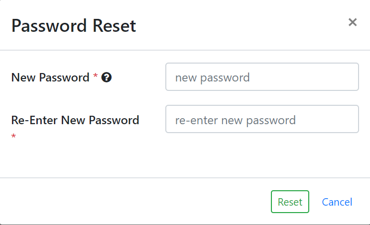 Data Hub Service modal window containing fields for reseting portal user account password