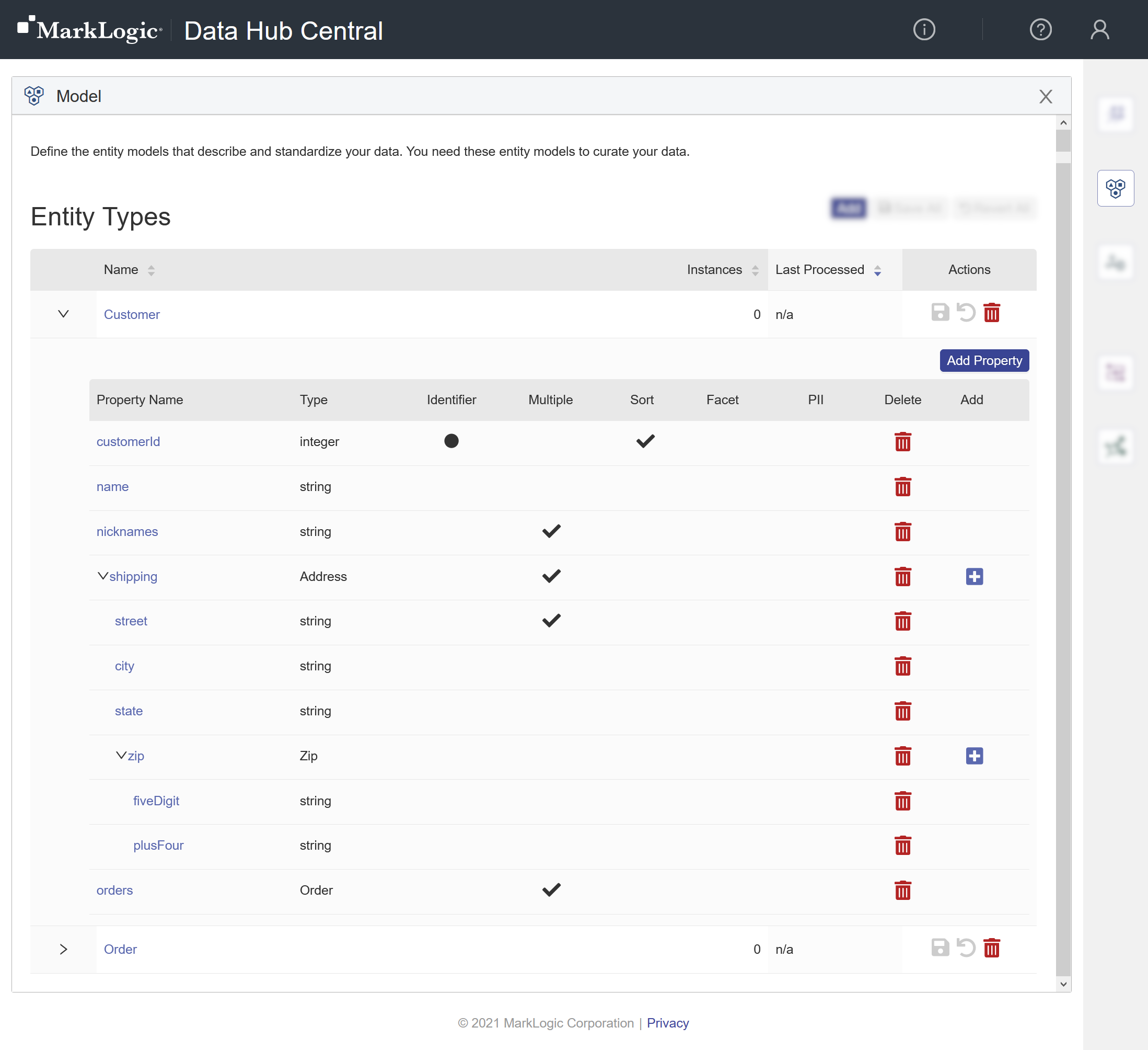 Hub Central - expanded Customer entity type with structured types all the way down